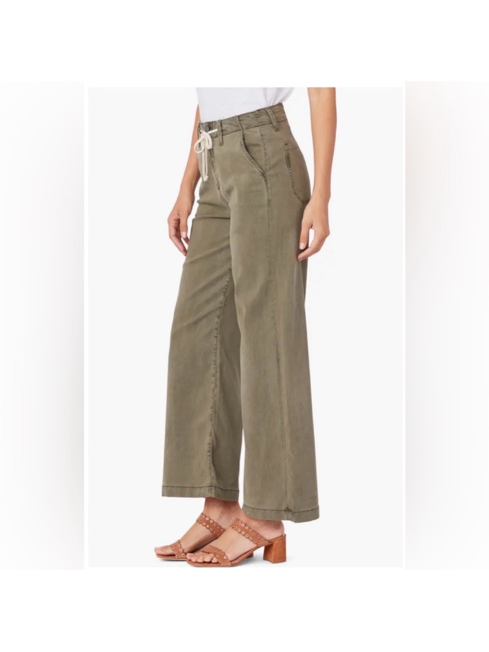 Paige Carly jeans vintage green wide leg mid rise tie waist - Picture 2 of 10